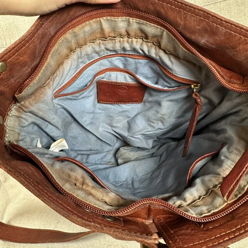 Anabaglish Brown Leather Blue White Woven Cotton Crossbody Bag Southwestern Boho